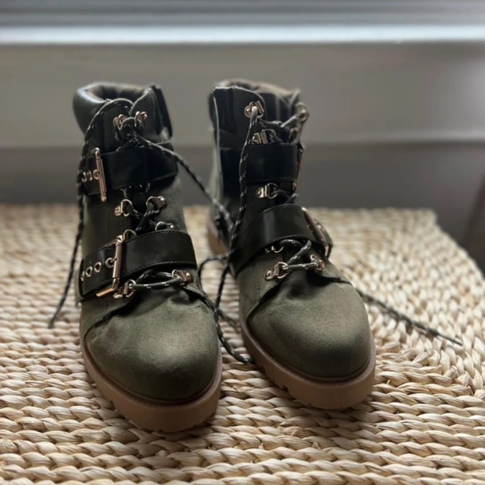 ASOS Olive Green Moto Boots with Buckle Detail